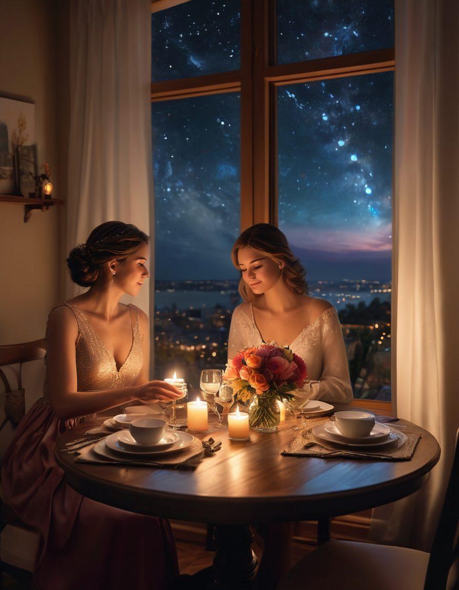 A cozy, intimate setting featuring a couple sharing a quiet moment together in a beautifully arranged space filled with soft lighting, hearts, and romantic decorations. Include elements like a candlelit table, a bouquet of flowers, and a starry night visible through a window, symbolizing love and connection. The atmosphere should evoke warmth and tenderness. vibrant colors. super-realistic.