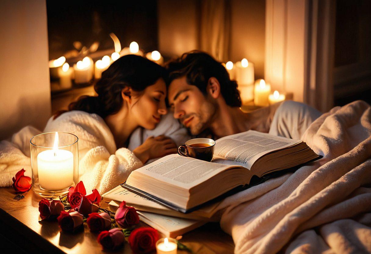 A warm, intimate scene of a couple sharing a cozy moment, surrounded by soft candlelight and delicate rose petals. Include books on love and relationships scattered around, with a steaming cup of tea or coffee between them. The atmosphere should evoke feelings of trust, warmth, and affection. super-realistic. soft lighting. warm colors.