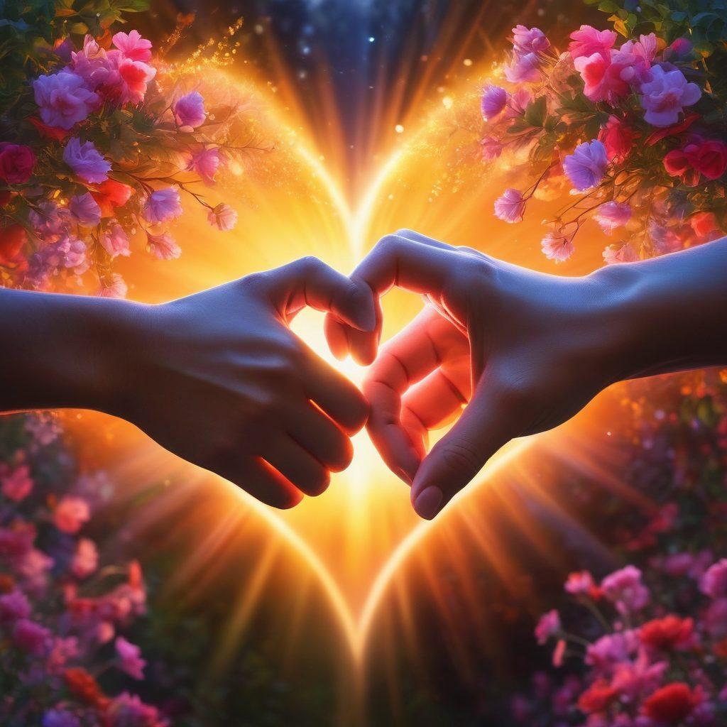 A warm and inviting scene featuring two clasped hands with colorful beams of light emanating from them, symbolizing connection and passion. In the background, faint silhouettes of diverse couples lovingly interacting, surrounded by blooming flowers and soft light. The foreground should have a heart shape formed by light and nature, representing the strength of relationships. super-realistic. vibrant colors. soft focus.